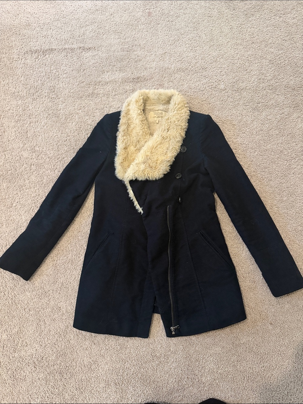 Zara Navy Pea Coat with Cream Faux Fur Shawl Collar